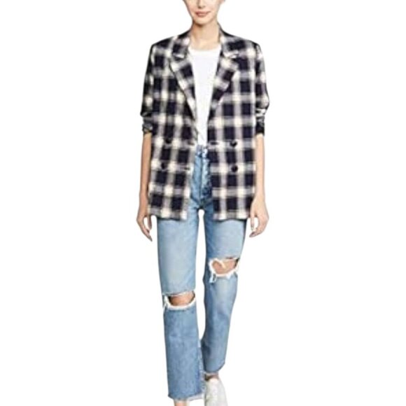 Rollas Horizon Check Flannel Blazer Navy Plaid Double-Breasted Womens 8 Flawless - Picture 1 of 9